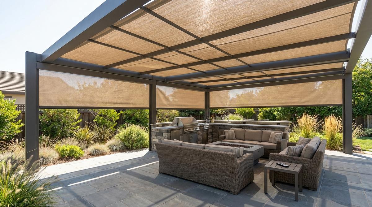 A modern retractable shade system with motorized awnings or pergola canopies providing adjustable sun control in a contemporary garden setting. The system features fade-resistant outdoor fabrics like Sunbrella that block 95% of UV radiation while remaining breathable, allowing for extension during intense midday heat and retraction for evening stargazing.