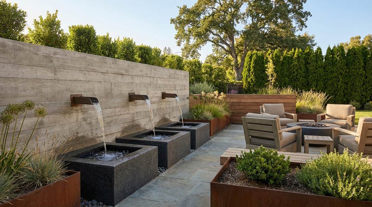 A modern garden featuring scupper water walls with water flowing from protruding spouts into catch basins, creating rhythmic sound and movement against vertical surfaces. Multiple scuppers are spaced at regular intervals, reinforcing geometric design principles, and are made of bronze or stainless steel for an attractive patina or pristine appearance, positioned to avoid splash onto seating areas.