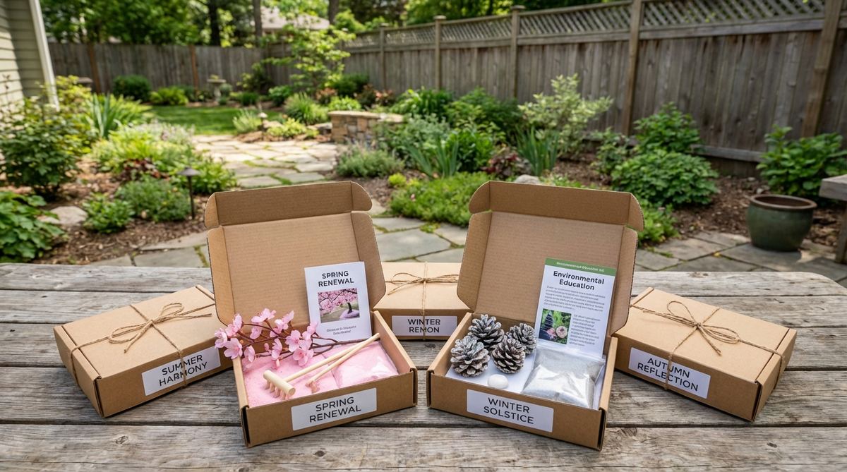 A collection of seasonal accessories for mini zen gardens, including cherry blossom branches for spring and frosted pinecones with silver sand for winter, illustrating quarterly subscription packs that reflect natural cycles and support environmental education.