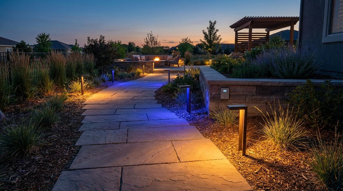 A modern smart pathway lighting system with synchronized LED fixtures creating cohesive color themes across a garden path. The integrated network connects to a central controller for simultaneous adjustments, pattern programming, and zone-specific effects like chasing lights and color gradients.