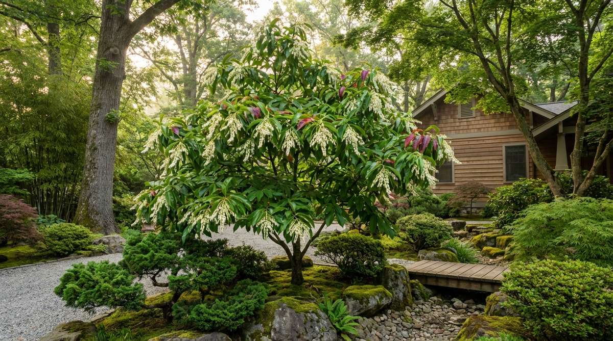 A Sourwood tree (Oxydendrum arboreum) in a Japanese garden, showcasing its drooping panicles of white urn-shaped flowers that resemble lily-of-the-valley, blooming in midsummer. The glossy green foliage and pyramidal form are highlighted, with hints of the tree's brilliant red-purple fall color that begins in late summer. This native tree, growing 25-30 feet tall, thrives in acidic, well-drained soil and is suitable for zones 5-9, often planted in partial shade in hot climates.