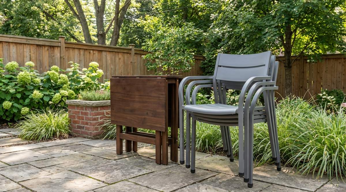 A modern stackable dining set featuring four chairs that stack vertically and a nesting table with foldable legs for compact storage. Designed with contoured backs for support, rubber bumpers to protect finishes, and contemporary styling ideal for urban spaces, this set expands functionality in small areas while seating four for dining.