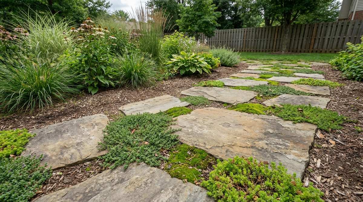 A playful garden border featuring large flat stepping stones spaced at stride intervals, serving as both decorative edging and functional pathway. The stones are set level with the ground for easy walking, with low-growing ground covers planted between them to soften the hardscape and prevent mud tracking. This dual-function design is ideal for family gardens, inviting interaction and movement through the landscape.