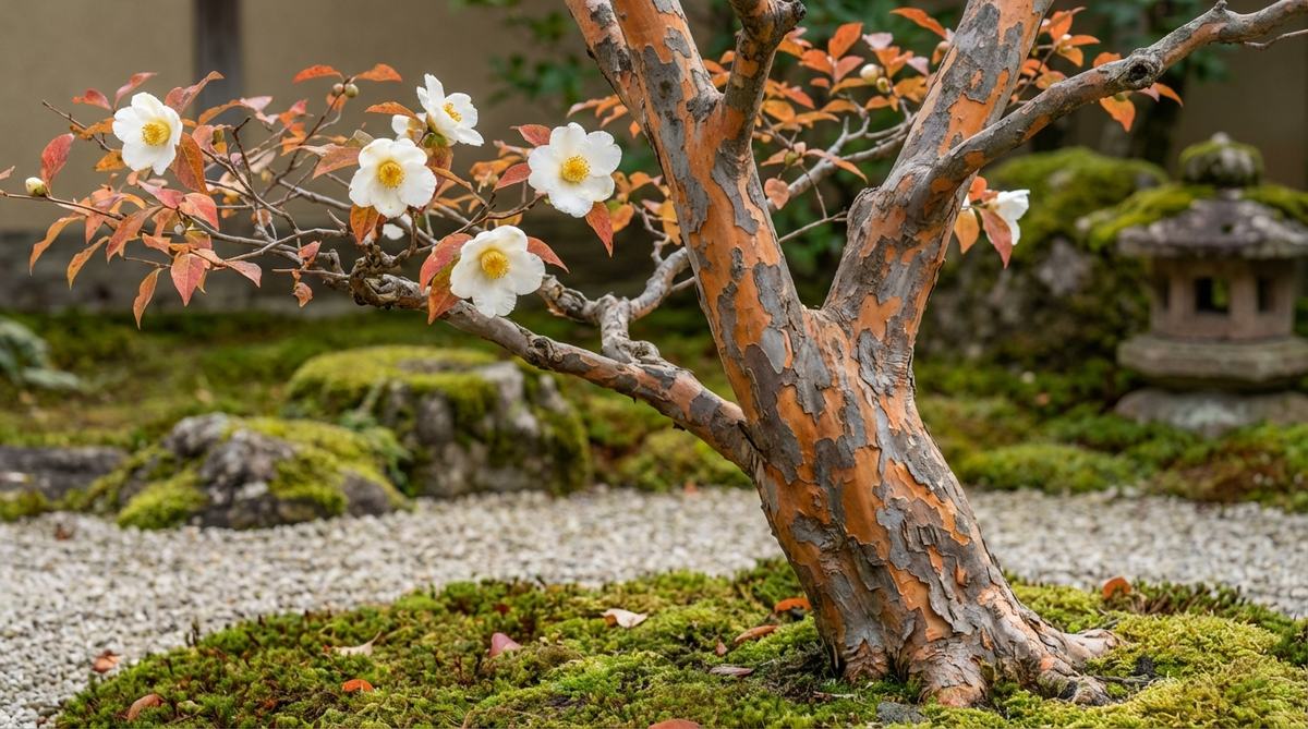 A close-up image of Stewartia pseudocamellia, a bonsai tree in a Japanese garden, showcasing its distinctive flaking bark in orange, gray, and brown patterns, with white camellia-like flowers blooming in summer. The tree's slow growth and exceptional character are highlighted, along with autumn foliage and winter bark interest.