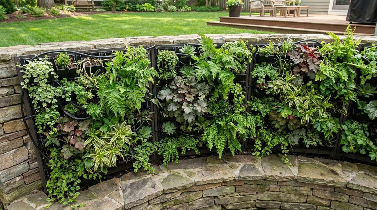 A vertical garden system with living wall modules mounted on a stone base, showing drip irrigation and various plants suited for vertical orientation, transforming a retaining wall into a biophilic design feature.