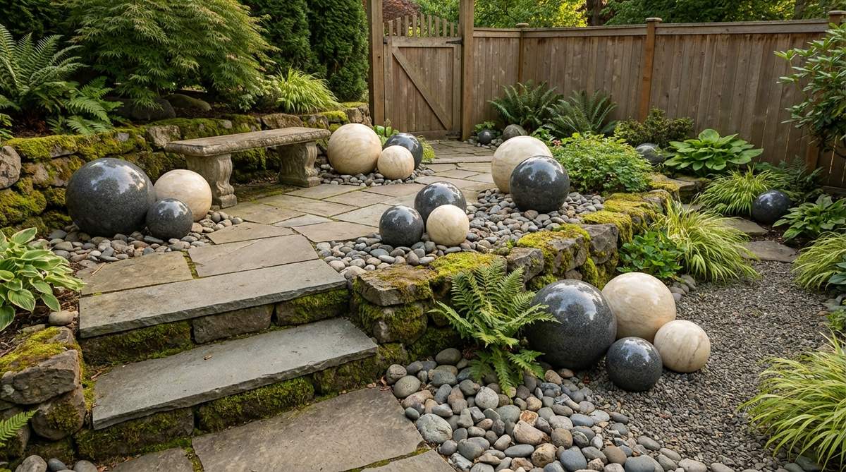 A collection of carved granite and marble spheres ranging from 8 to 24 inches in diameter displayed throughout a stone garden. The geometric perfection of the polished stone spheres creates a striking contrast with the organic forms of surrounding plants. Some spheres are grouped in odd numbers while others are scattered individually like discovered artifacts, creating a permanent art installation that enhances the garden's aesthetic.