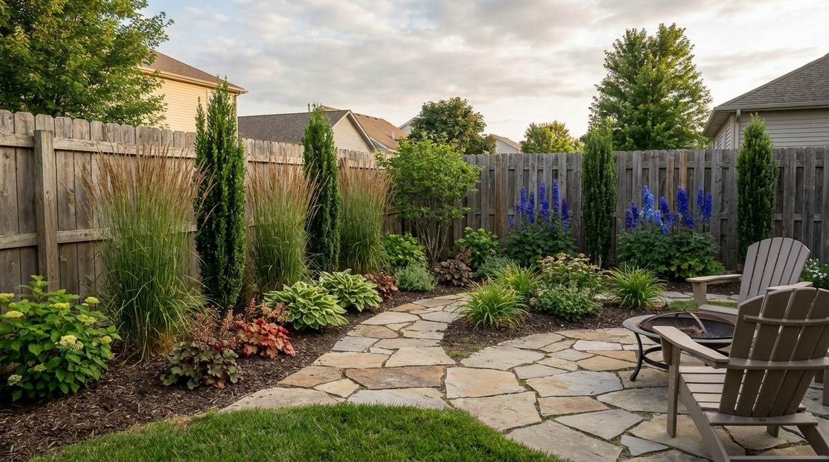 A garden design for a small backyard featuring tall focal specimens such as ornamental grasses, columnar evergreens, and delphiniums. These vertical accents draw the eye upward, adding drama without consuming much horizontal space. The tall specimens are strategically placed at bed backs or corners to allow viewing from multiple angles while maintaining proportional balance.