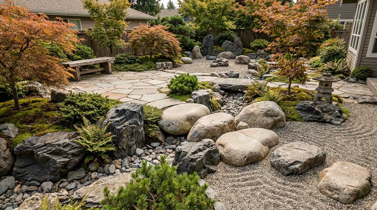 A Japanese Zen garden scene showing texture variation mixing, with smooth water-worn boulders placed alongside rough angular rocks. The textural contrast creates visual interest and represents different geological origins, with smooth stones suggesting water-deposited formations and angular stones indicating mountain bedrock. This textural variety enhances depth perception, making the garden appear more complex and naturalistic.
