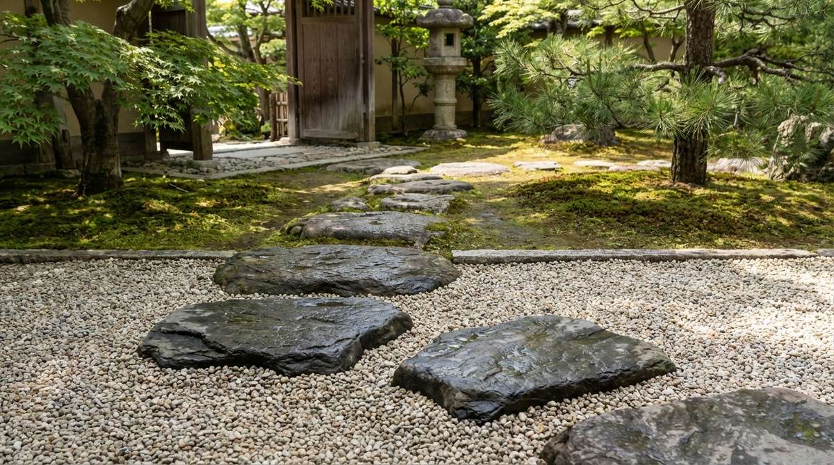 A close-up view of distinctive threshold stones in a Japanese garden, marking a transition between areas with contrasting size, color, or material, such as a large flat stone or gravel, creating visual rhythm and preparing visitors for new experiences.