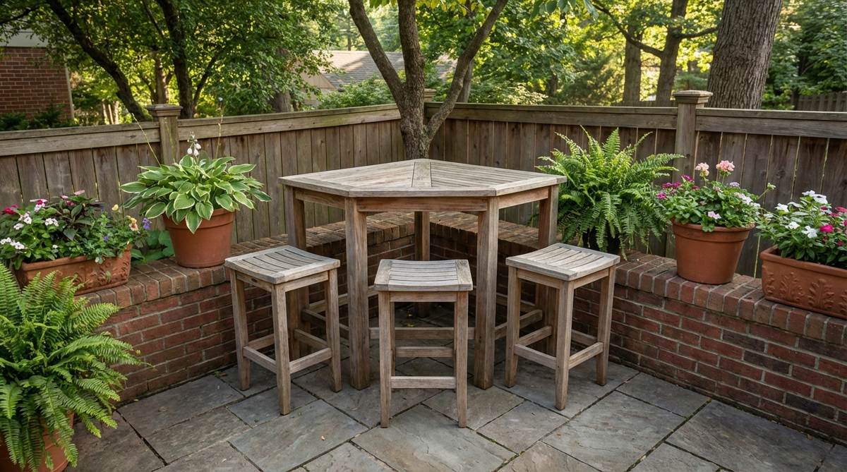 A compact triangular corner table with three backless stools, designed to fit perfectly in 90-degree spaces like garden corners, decks, or balconies, maximizing surface area and eliminating awkward gaps.