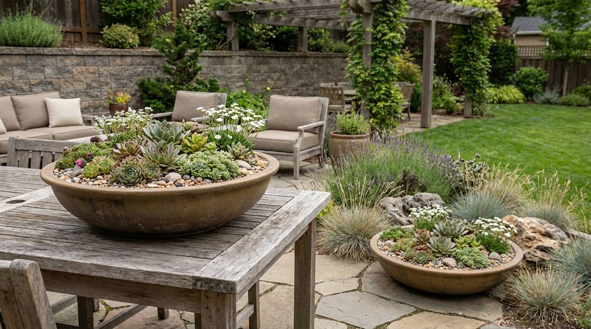 An image showcasing ultra-wide shallow dishes, measuring 40-50 inches across and 8-10 inches deep, ideal for creating ground-level gardens with succulent compositions and alpine plantings. Perfect as centerpieces on patio tables or ground-level focal points, these planters ensure proper drainage for drought-adapted species in outdoor decor settings.