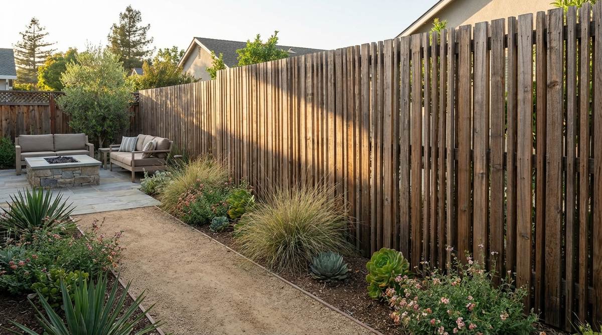 A modern garden fence featuring vertical slats arranged at varying intervals from one to six inches, creating rhythmic patterns and functional screening. The intentional spacing design enhances privacy at eye level and adds visual interest without applied decoration, producing depth as viewers move parallel to the fence.