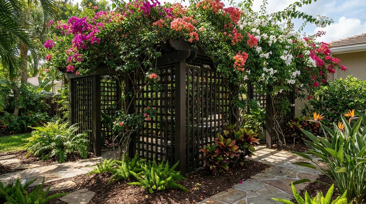 Freestanding lattice panels covered with fast-growing tropical vines like bougainvillea or pandorea, providing immediate screening in a tropical garden setting. The dark-colored trellis visually recedes behind the lush foliage.