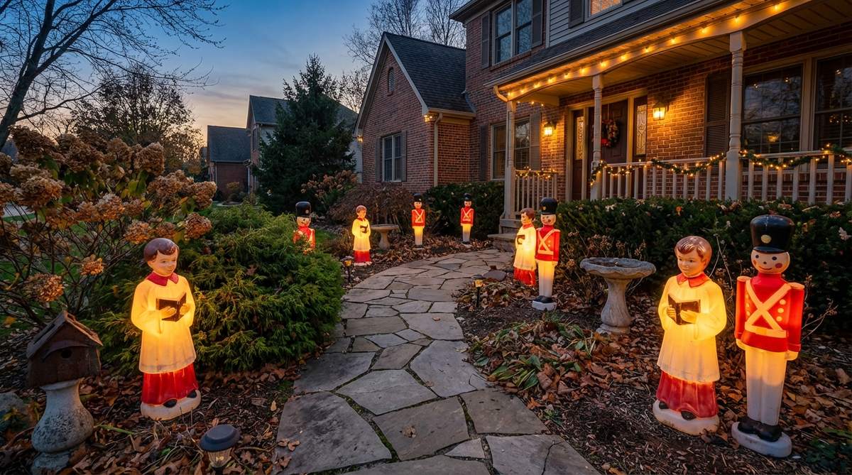 Vintage plastic blow mold figures like choir boys and toy soldiers glowing in a garden setting, showcasing mid-century holiday decorations with retro charm and nostalgic appeal for collectors and garden enthusiasts.