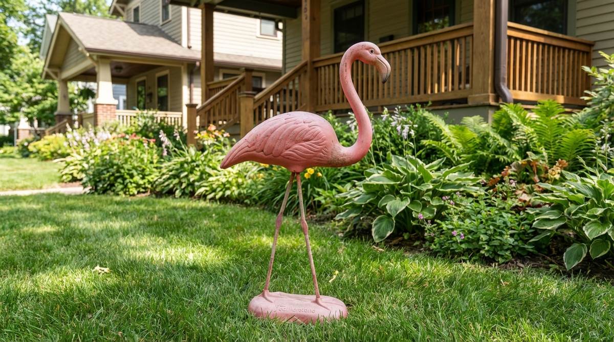 A vintage pink plastic flamingo lawn ornament designed by Don Featherstone in 1957, positioned in a garden with green grass and foliage. This iconic American kitsch decoration represents playful suburban leisure culture and adds cheerful nostalgia to outdoor spaces.