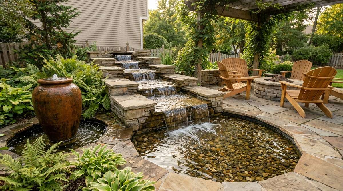 A tranquil garden water feature, such as a bubbling urn or cascading rill, creating a calming soundscape that masks urban noise. The image highlights the acoustic benefits of moving water, with varying intensity based on flow rate and drop height, positioned near a seating area to enhance the garden's atmospheric appeal.
