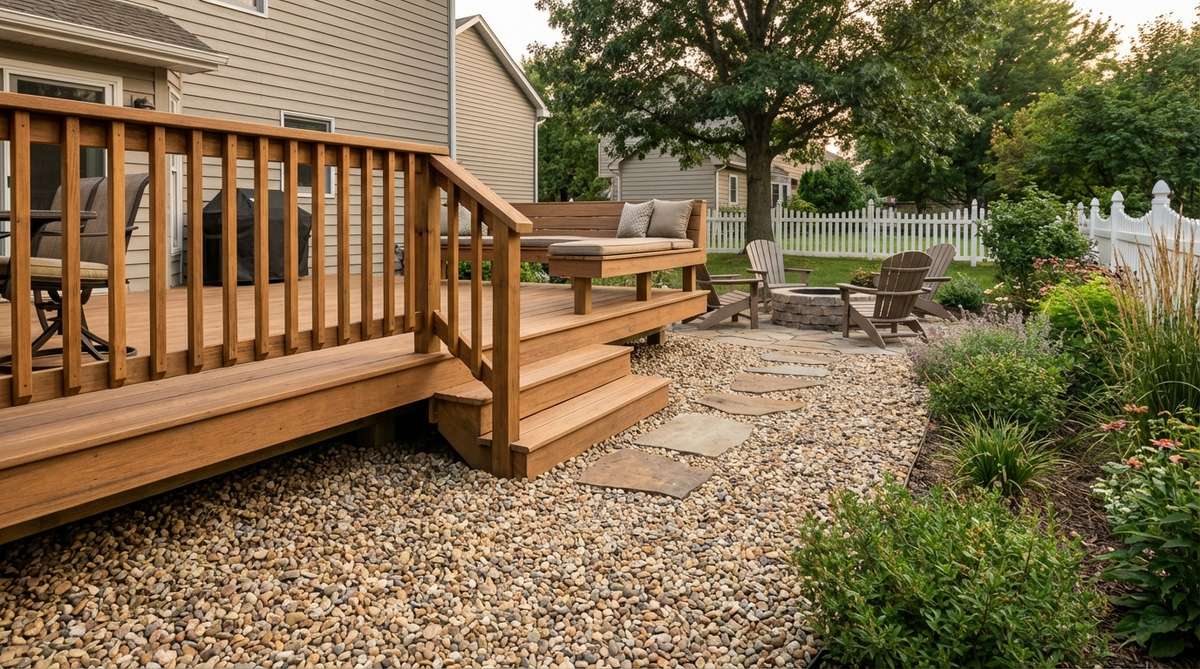 A landscape design showing an elevated wood deck transitioning to a gravel-covered ground level area, creating distinct functional zones in an outdoor space. The gravel extends beneath the deck edges to prevent vegetation growth, with colors harmonizing with the wood tones for a cohesive aesthetic.