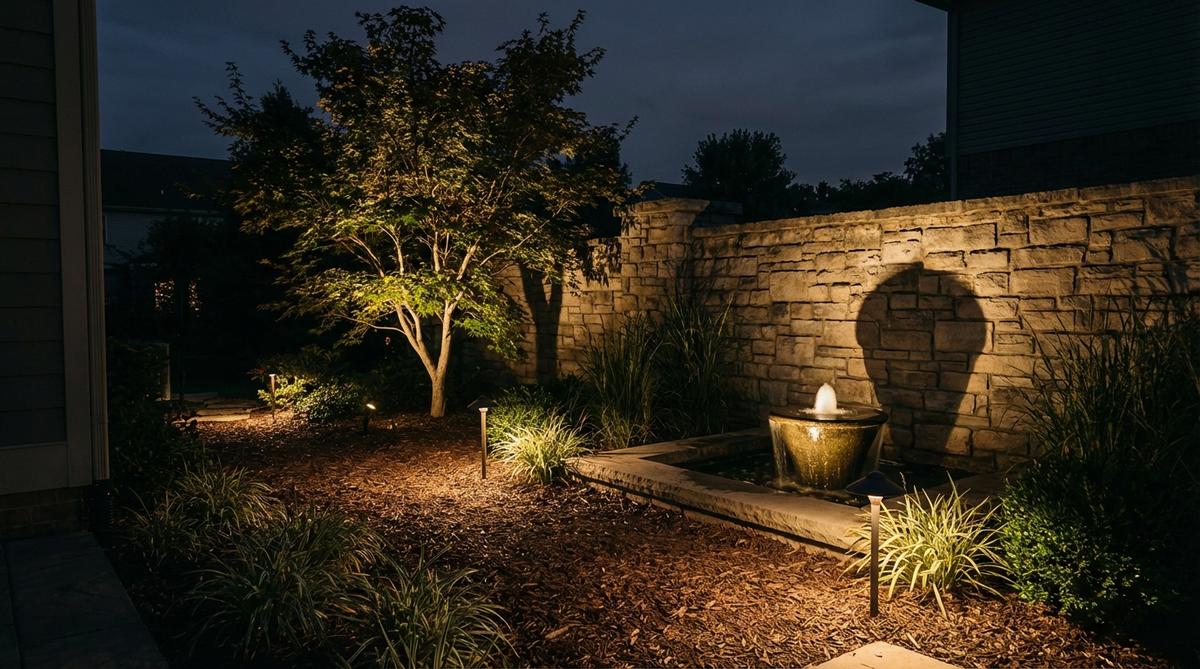A small garden at night featuring narrow-beam spotlights directed at specimen plants and architectural features, creating dramatic shadows and highlights that accentuate foliage textures and design focal points.