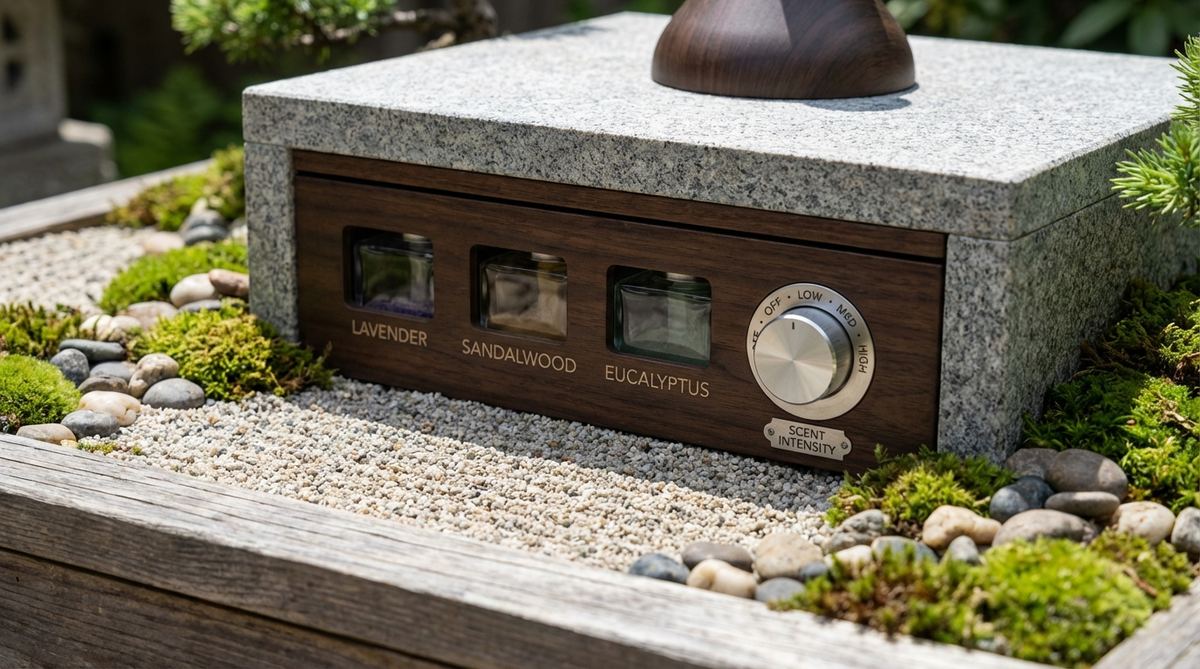 Close-up of the built-in essential oil diffuser chamber in a zen garden miniature, showing the compartment for lavender, sandalwood, or eucalyptus oils with dial controls for adjusting scent intensity during meditation practice.