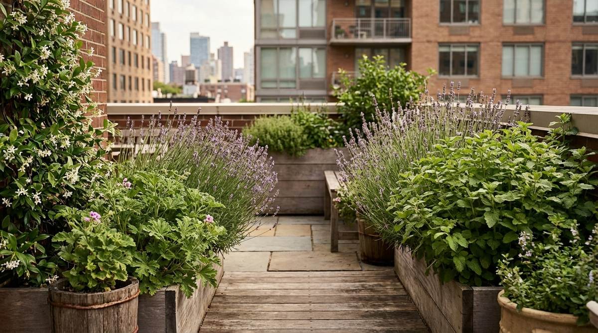 A close-up view of fragrant herbs and flowers like lavender, scented geraniums, lemon balm, and jasmine arranged along a pathway at nose height, designed to activate touch and smell in an urban balcony garden setting.