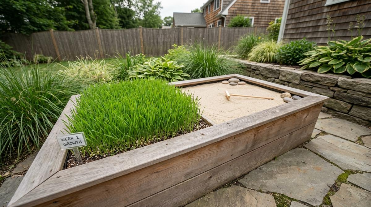 A mini zen garden featuring a dedicated compartment with fast-germinating seeds like chia or wheatgrass growing visibly, alongside an adjacent sand section for raking meditation. The living plants provide measurable growth progress visualization to reinforce meditation practice consistency, as behavioral psychologists leverage visible plant growth as a motivation anchor for habit formation.
