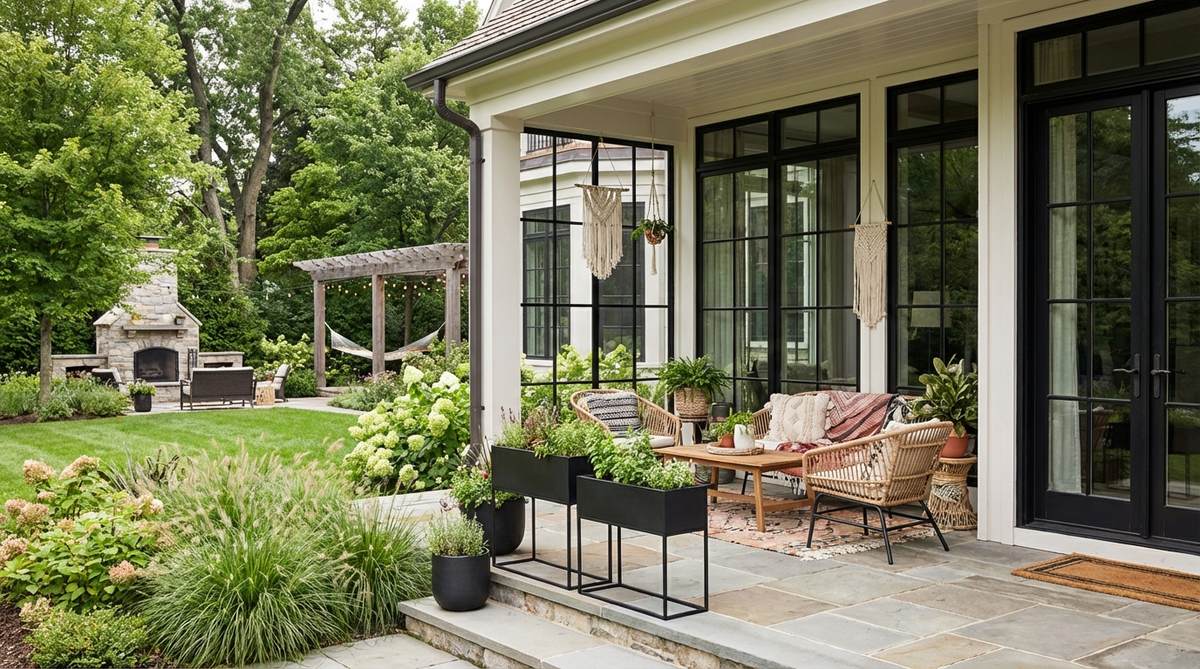 A boho-style interior featuring black window frames, iron hardware, and matte black accessories used as grounding elements to add sophisticated definition and visual anchors to an airy decor scheme.