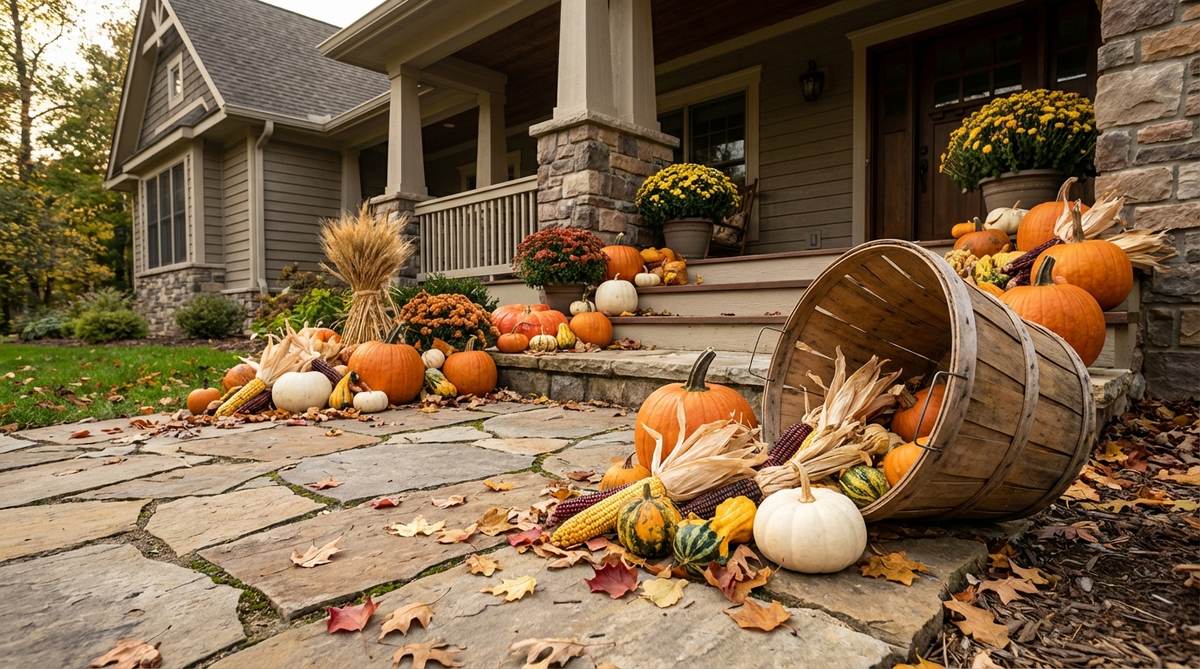 A wooden bushel basket tipped on its side with pumpkins and gourds spilling naturally across a porch or pathway, surrounded by autumn leaves, wheat stems, and corn husks to create a dynamic harvest-themed outdoor decor arrangement.