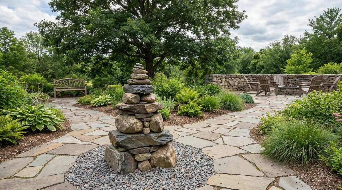 A vertical stack of flat stones balanced in a traditional cairn formation, serving as a trail marker at a garden pathway transition. The stones decrease in size from base to top, creating visual tension and mindfulness in a residential landscape.