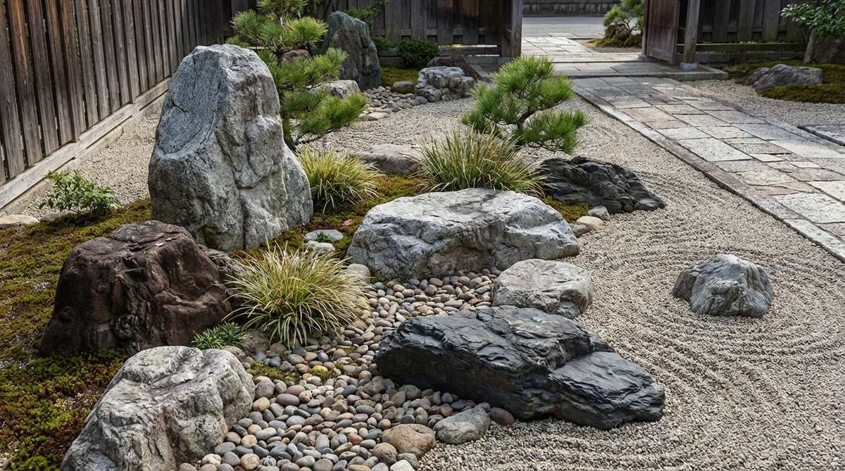A selection of stones in a Japanese Zen garden showcasing a limited color palette of grays, browns, and blacks, illustrating visual unity and harmony. The stones, including traditional gray granite from Kyoto's Shirakawa River area, are arranged to emphasize form and texture over color, preventing visual chaos and maintaining the garden's authentic character.
