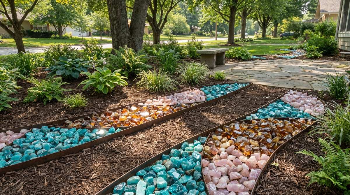Vibrant polished quartz stones in turquoise, amber, and rose colors used as decorative accents in garden edging. The stones create colorful highlights in neutral landscapes, contained within metal or composite borders to prevent dispersal. Reflective surfaces catch sunlight to add sparkle to shaded garden areas.