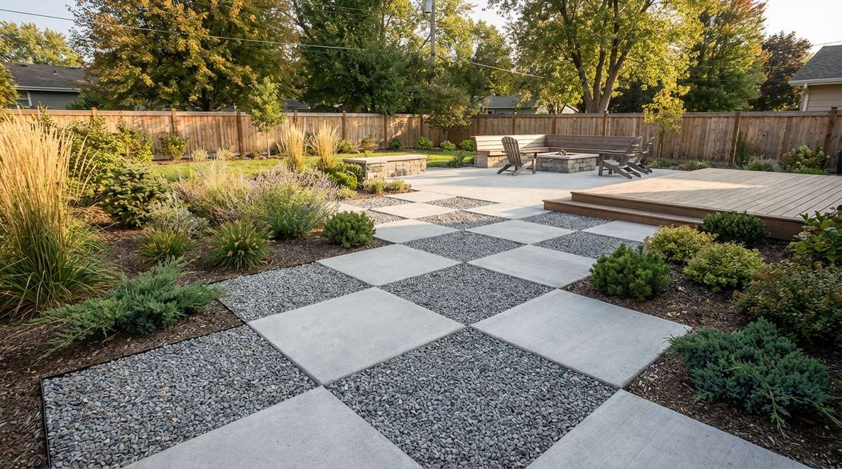 A checkerboard pattern of cast-in-place concrete pads alternating with gravel panels, creating a functional and cost-effective hard surface for gravel gardens.