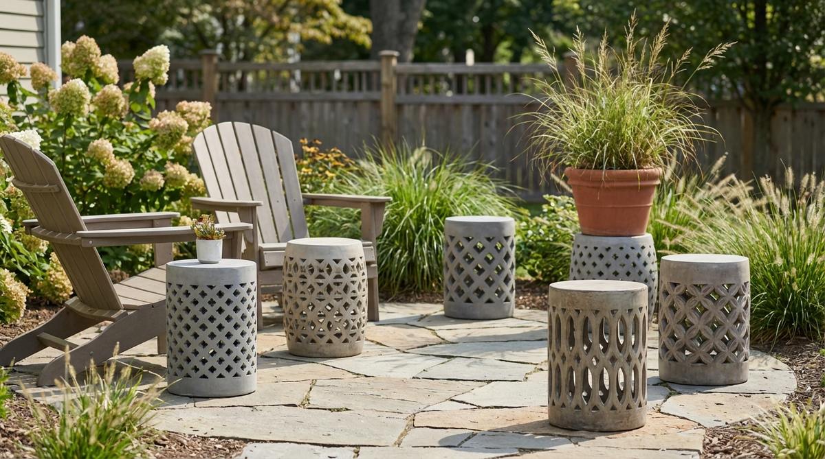 Asian-inspired drum or barrel-shaped concrete garden stools that serve as seating, side tables, or sculptural elements. Features openwork patterns to reduce visual weight while maintaining structural strength. Can be deployed throughout seating areas for flexible furniture or used as plant stands to elevate container displays. Available in neutral concrete tones or glazed ceramic finishes to suit different garden palettes. Waterproof surface allows for year-round outdoor use with minimal maintenance.