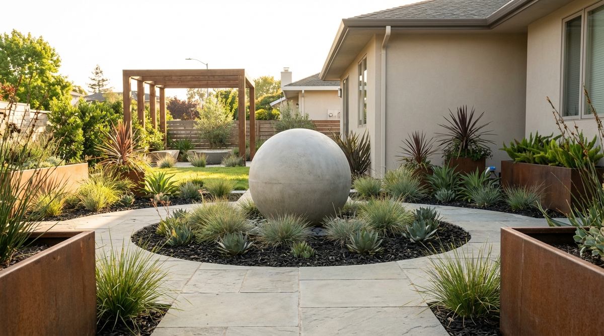 A large concrete sphere placed strategically in a modern garden, serving as a sculptural accent that contrasts with angular surroundings. The sphere is positioned at a pathway termination or bed center, with a diameter of 24-36 inches for appropriate scale.