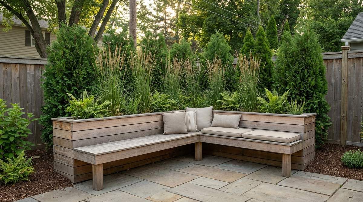 An L-shaped corner planter-bench combination made of cedar or composite materials, featuring integrated seating on one or both legs with planter boxes in the inner corner. Tall plants provide natural privacy screening and vertical interest, while the bench offers functional seating. Built-in drainage systems protect both plant health and furniture structure from water damage.