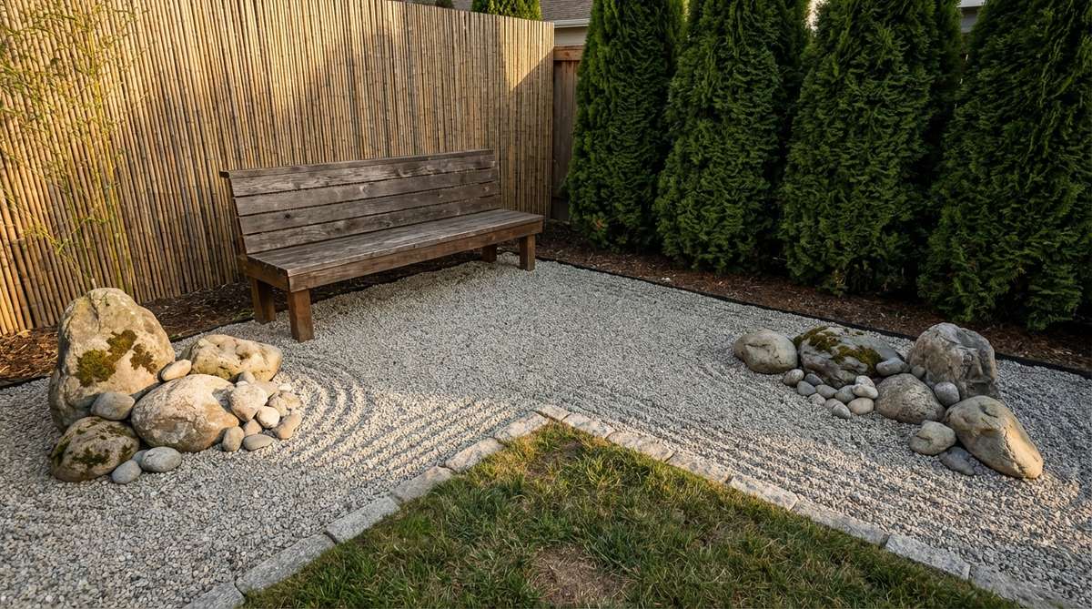 A minimalist zen garden layout featuring L-shaped gravel beds with carefully arranged corner stones, creating a meditation retreat in a small space. Privacy screening with bamboo or evergreen shrubs encloses two sides, while inward-facing seating eliminates distractions for focused contemplation.