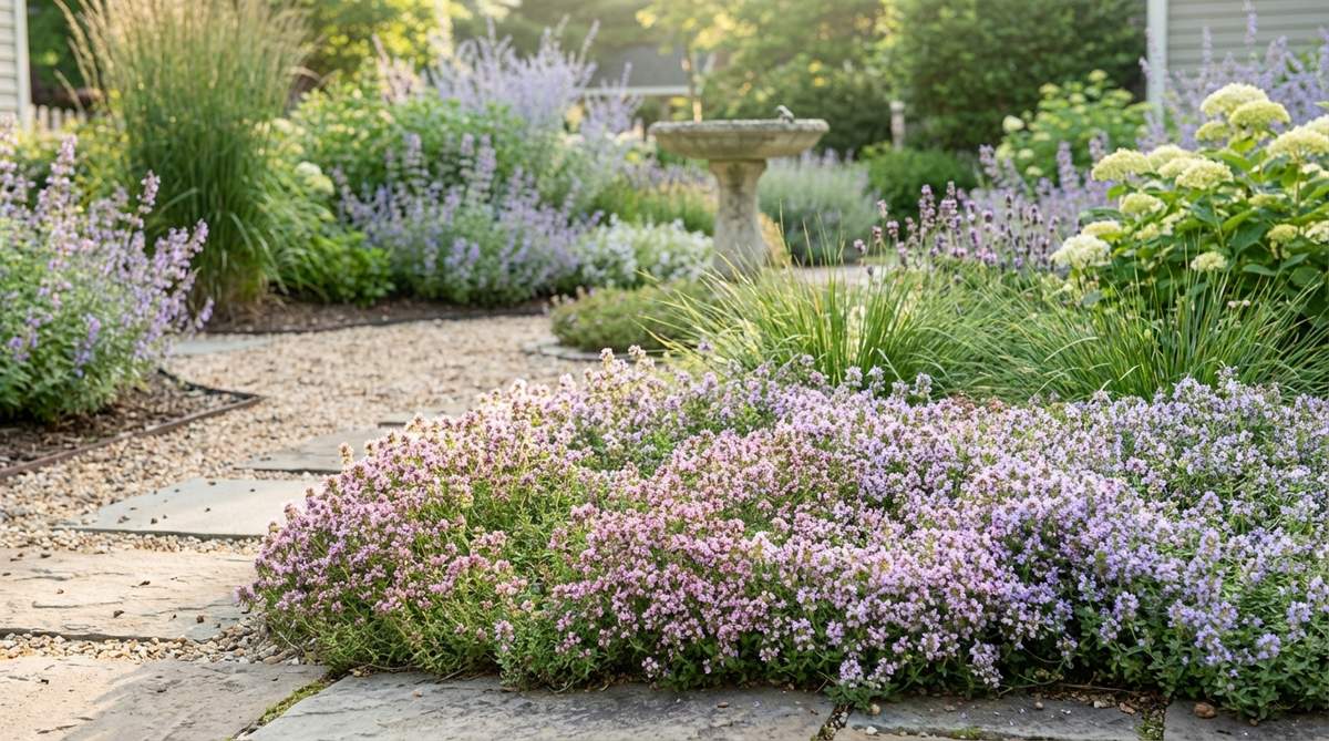 A close-up image of Creeping Thyme (Thymus praecox) forming a dense, aromatic mat with tiny pink, purple, or white flowers in summer, ideal for planting between pavers, in rock gardens, or as a low-maintenance lawn alternative that attracts beneficial insects.