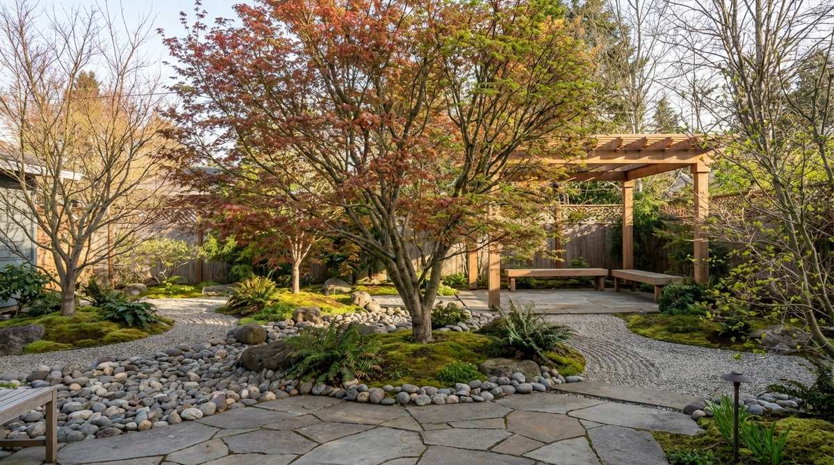 A modern Japanese garden featuring deciduous trees like Japanese maples, showcasing seasonal transformation with spring emergence, summer shade, fall color, and winter structure. Positioned to create focal events visible from gathering spaces, marking the passage of time mindfully.