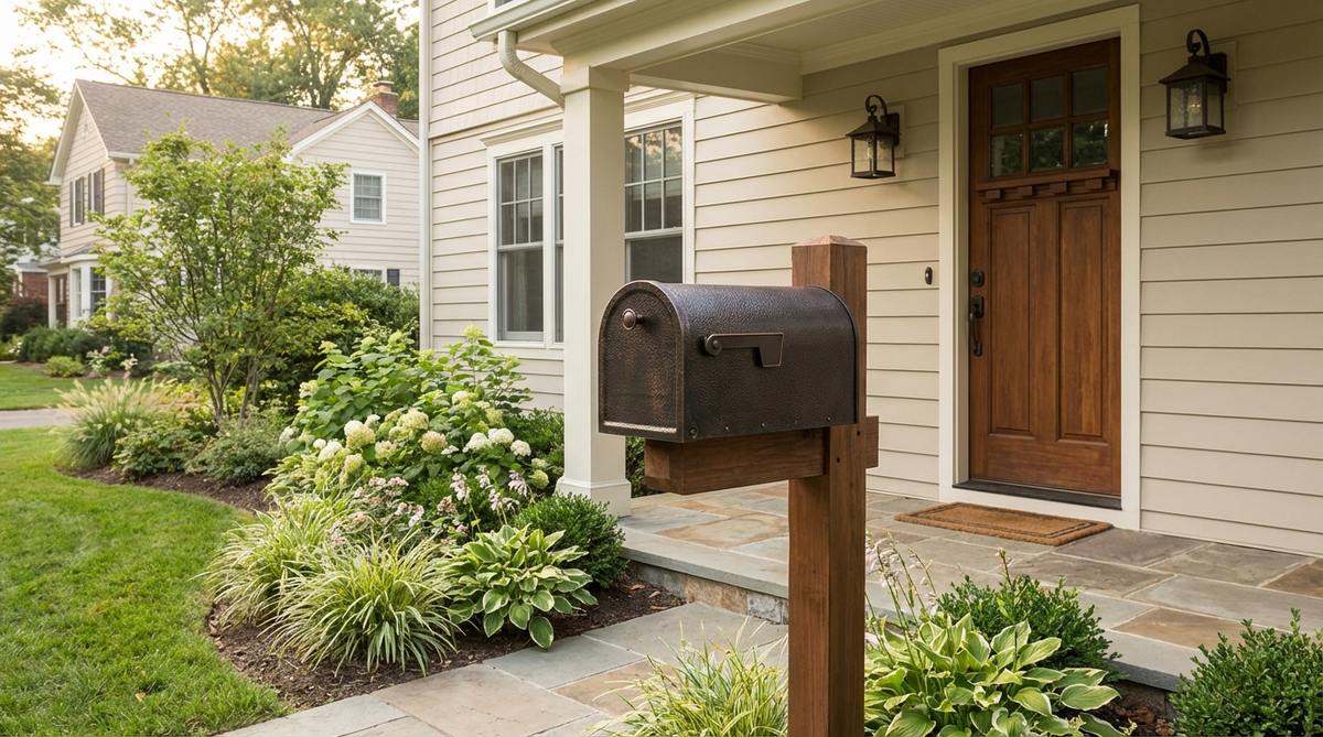 A decorative mailbox mounted near a porch door, featuring coordinated finishes with door hardware and light fixtures, showcasing upgraded design for aesthetic consistency and security with lockable options.