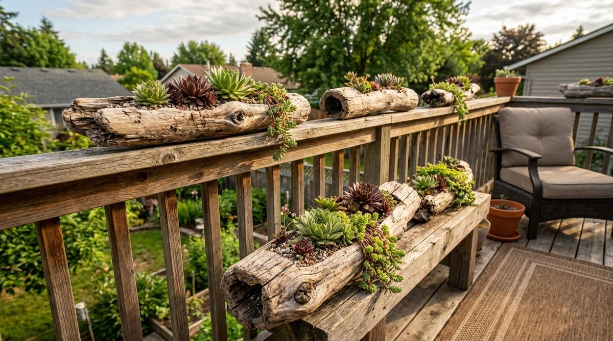A creative balcony decor idea featuring succulents like Sempervivum and sedum planted in hollow driftwood pieces. The natural wood serves as an organic container, with shallow depressions filled with succulent soil. This unconventional display combines plant textures with rustic wood, sealed for outdoor durability to create a conversation-starting focal point.