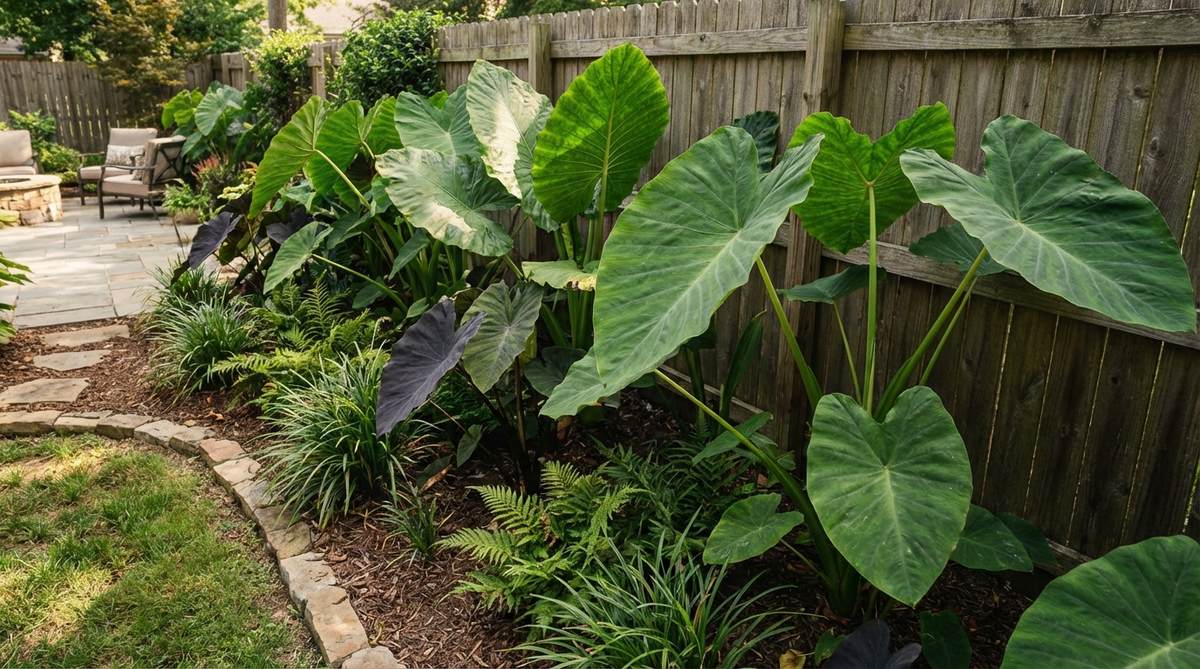 A lush tropical garden border featuring large-leafed colocasia and alocasia plants creating a soft privacy screen 4-6 feet tall. The massive elephant ear leaves provide seasonal screening while maintaining a tropical aesthetic, ideal for garden privacy in warm climates or as annual plantings in colder zones.