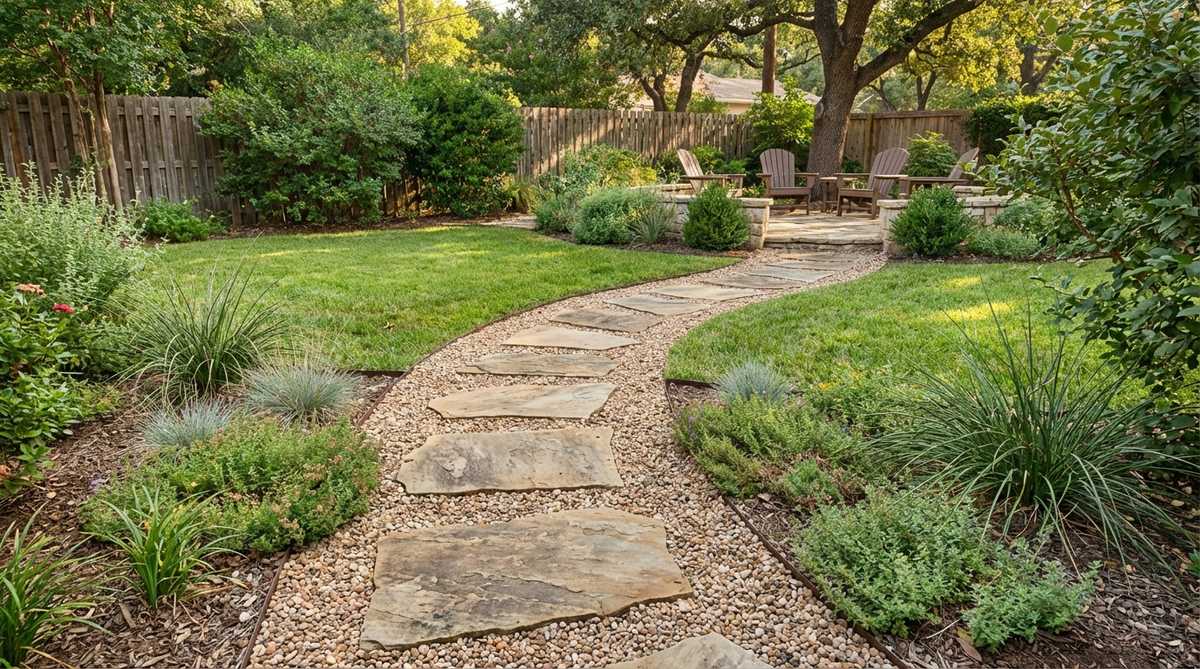 A close-up view of irregular flagstone stepping stones set in gravel, creating a natural curved pathway through a small backyard garden. The stones are spaced 18-24 inches apart for comfortable walking and set flush with the ground for safety and easy lawn mowing.