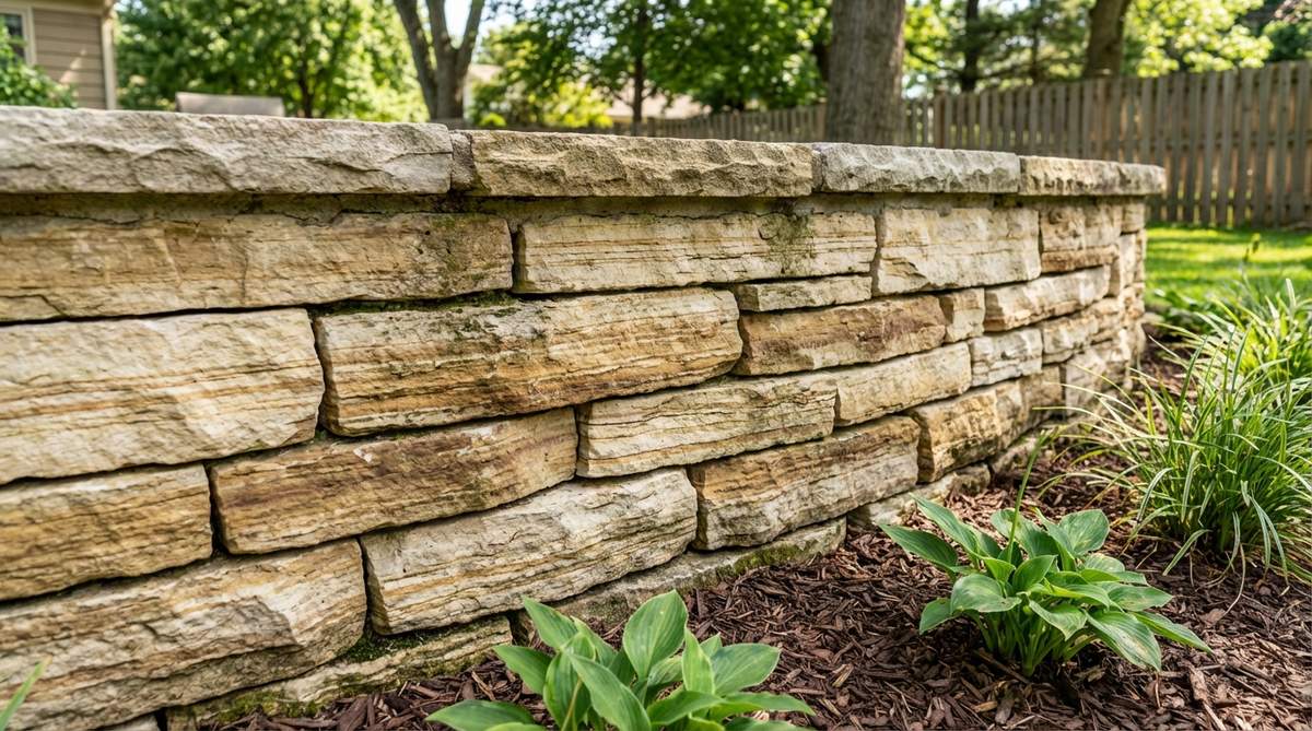 A close-up view of Fond du Lac limestone wall showing distinctive horizontal banding and warm buff coloration. The sedimentary layers create natural linear patterns without cutting, making it ideal for authentic stone garden walls in Midwest landscapes.