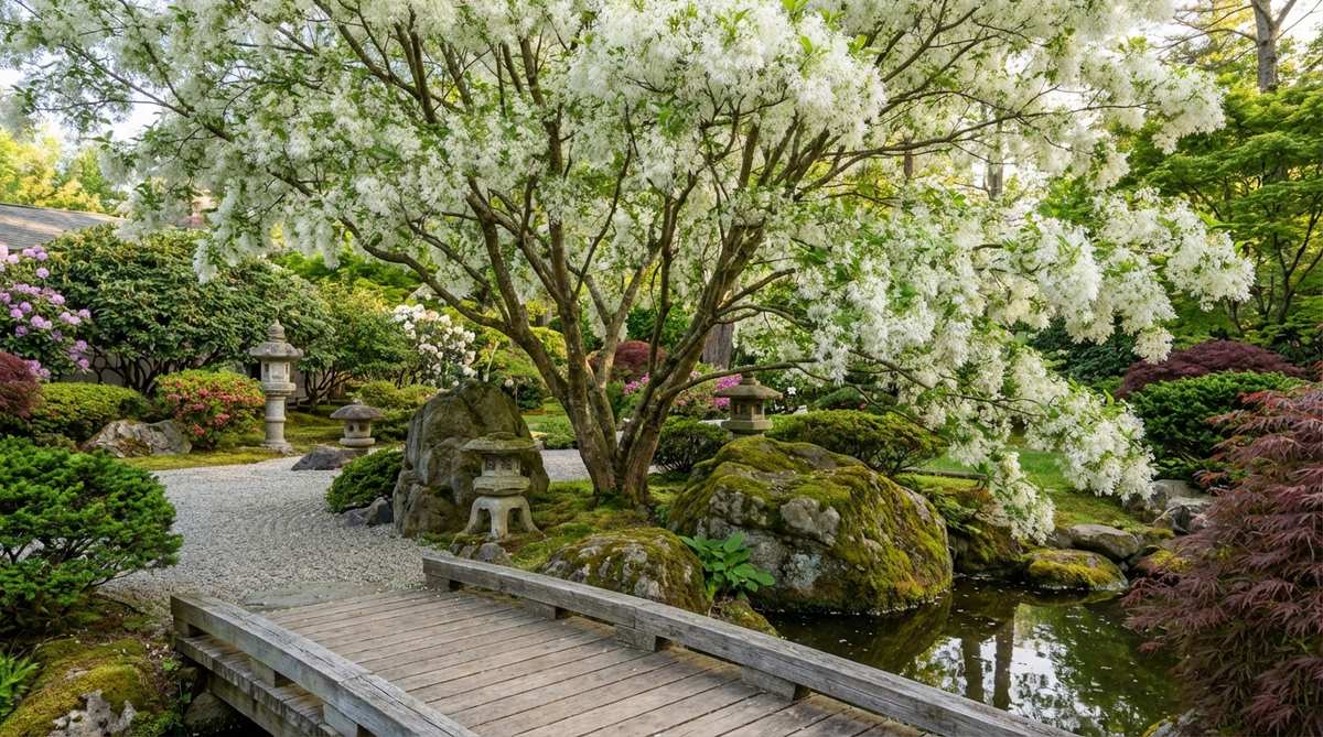 A fringe tree (Chionanthus species) in a Japanese garden, showcasing its feathery white flower clusters that create a fringe-like canopy in late spring. This multi-stemmed tree has an open, airy form and attracts pollinators with fragrant blooms, thriving in zones 4-9.