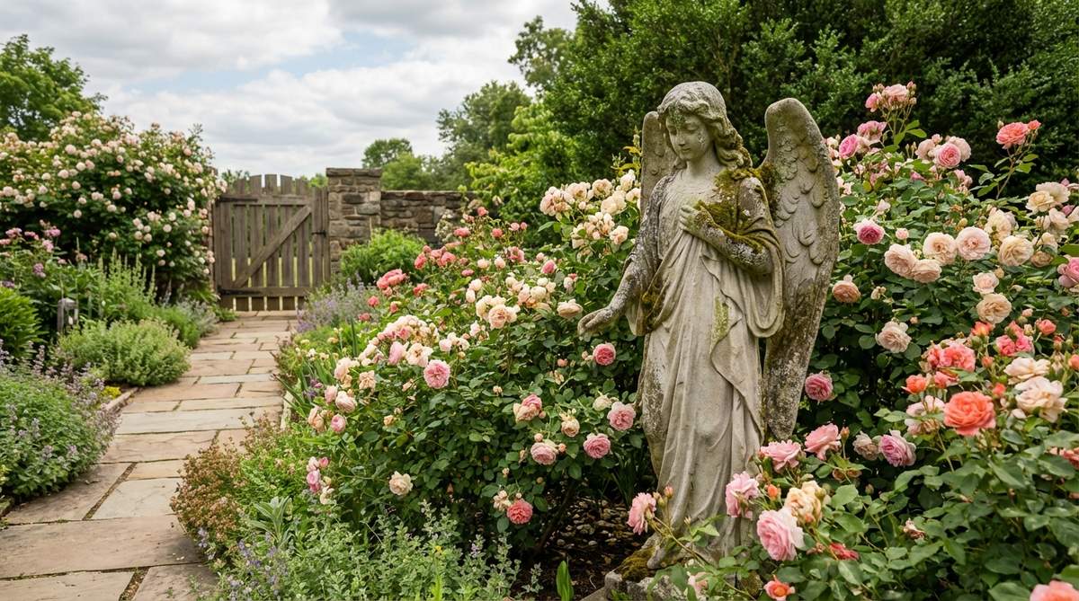 A serene garden angel statue with flowing robes and peaceful expression, placed among rose beds in a spiritual cottage garden setting. The stone finish shows graceful aging with natural moss and lichen growth.