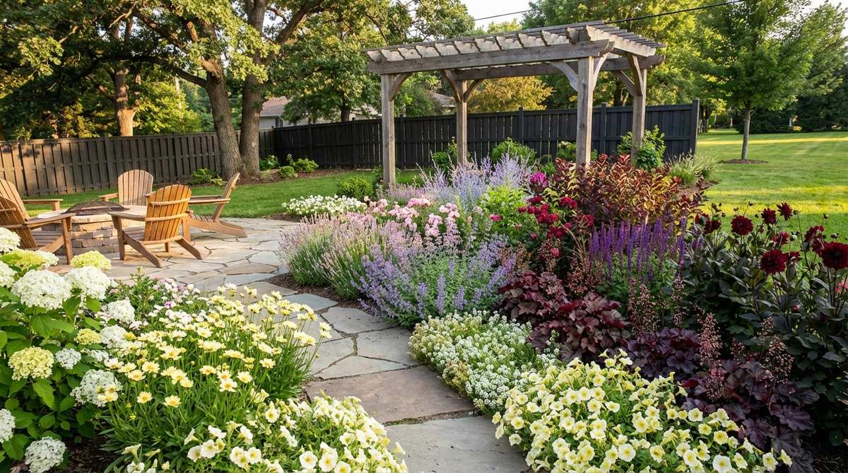 An illustration of a graduated color progression technique in a small backyard garden, showing plants arranged from light colors like white and pale yellow at the front to darker shades such as deep purples and burgundies at the back to create atmospheric perspective and extend perceived depth.