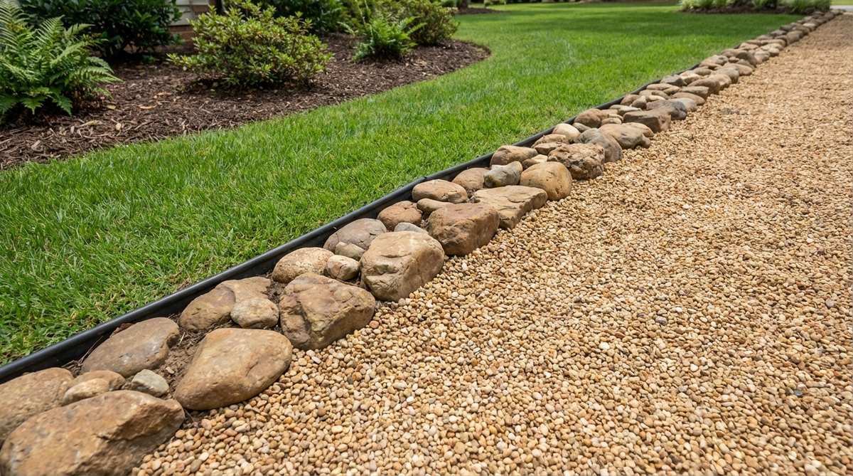 A close-up view of a gravel containment border in a Japanese garden, showing a row of small natural stones placed along the edge of a gravel area to disguise buried plastic or metal edging. The stones complement the gravel in color and size, creating a natural and intentional appearance that prevents gravel migration into surrounding lawns or beds.