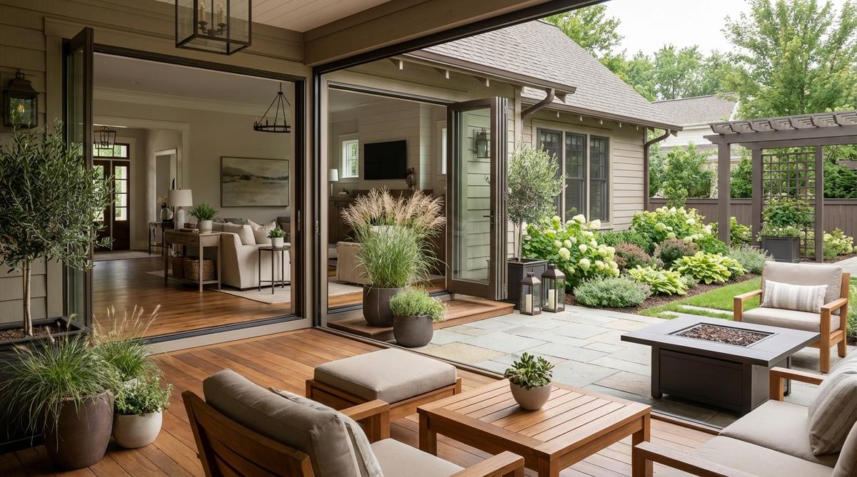 A serene garden scene showing seamless visual transition from interior to exterior spaces, with matching wood tones, metal finishes, and plant silhouettes creating a continuous calming environment. Furniture and decorative elements echo interior design, making the outdoor area feel like a natural extension of the home.