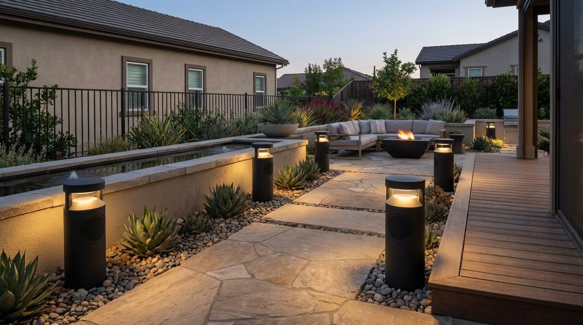 Modern outdoor decor lights with integrated Bluetooth speakers, providing synchronized illumination and sound for garden zones. Weather-resistant design with surprising bass response from compact enclosures, perfect for multi-room audio systems in outdoor spaces.