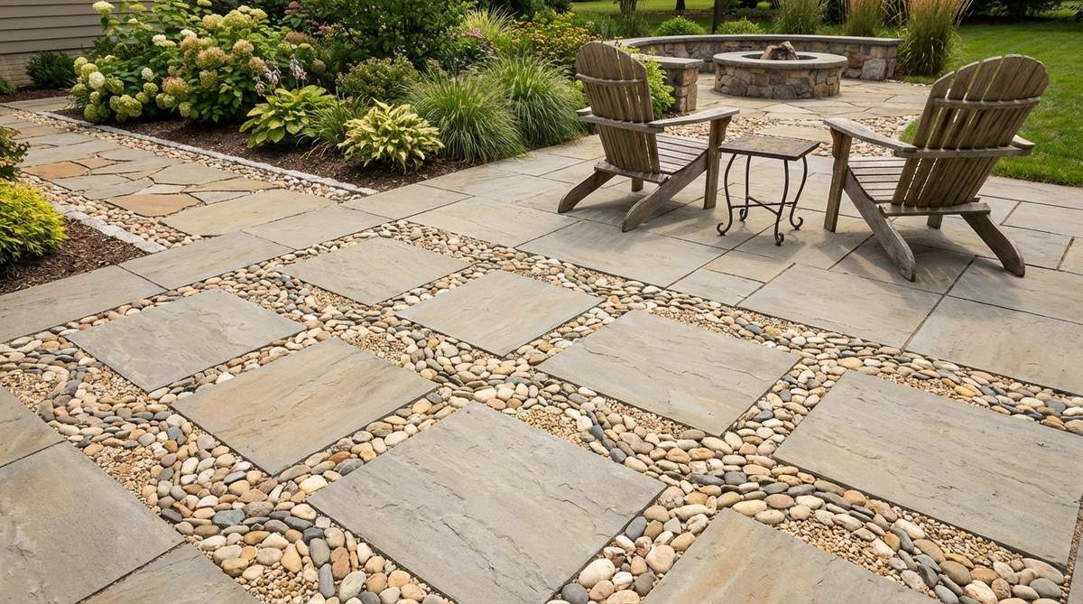 A small garden patio featuring large-format pavers with decorative pebble mosaics filling the joints. The design combines clean paver surfaces for furniture placement with artistic stone details using pea gravel and river rocks. This technique adds visual complexity to simple layouts, defining smooth circulation paths with pavers and textured borders with pebbles, perfect for enhancing outdoor spaces without intricate cutting or pattern work.