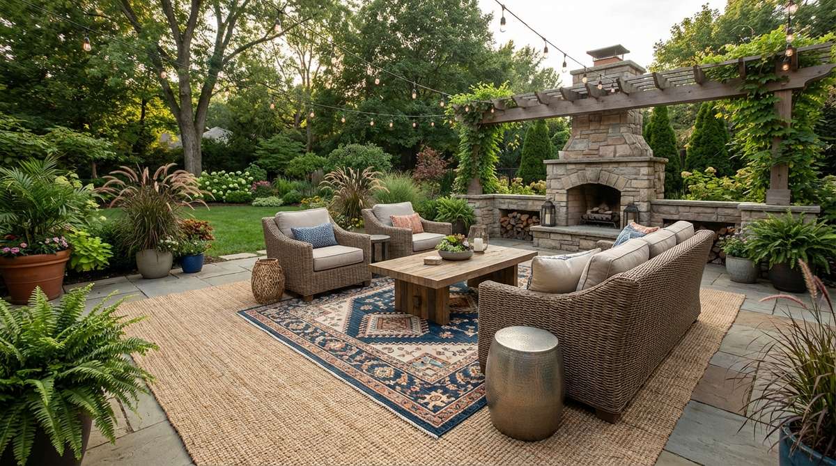 A modern boho patio scene featuring layered outdoor rugs, with a large neutral base rug topped by a smaller patterned rug to define seating areas and add dimension to the outdoor space.